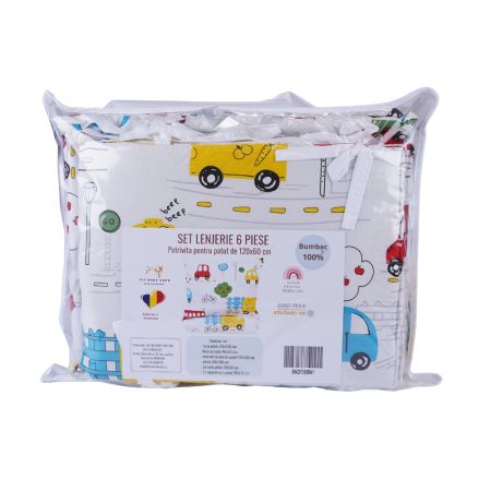 Lenjerie pentru patut cu 6 piese, 120x60 cm, Masinute, Fic Baby 763843