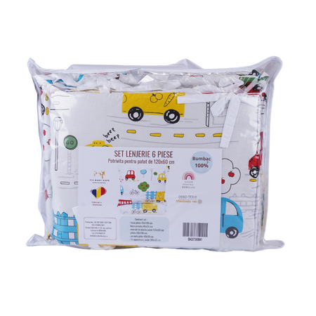 Lenjerie pentru patut cu 6 piese, 120x60 cm, Masinute, Fic Baby 763843