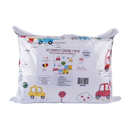 Set complet lenjerie si aparatori laterale, 120x60 cm, Masinute, Fic Baby 764027