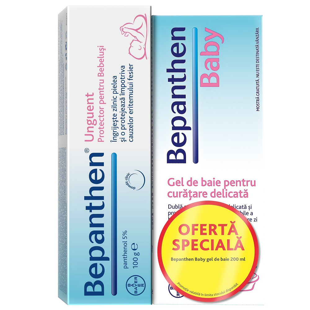 Pachet Bepanthen Unguent si Gel de baie pentru curatare delicata, 100 g + 200 ml, Bayer