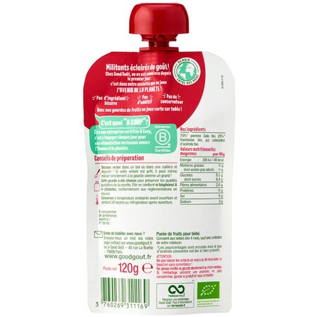 Piure Bio de mere Gala si zmeura, +4 luni, 120 g, Good Gout 535025