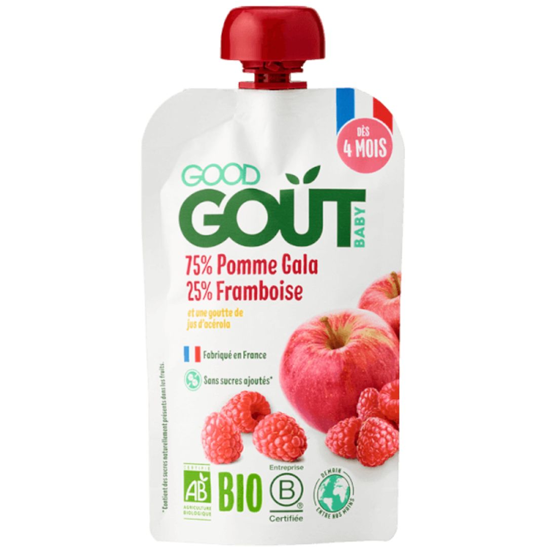 Piure Bio de mere Gala si zmeura, +4 luni, 120 g, Good Gout