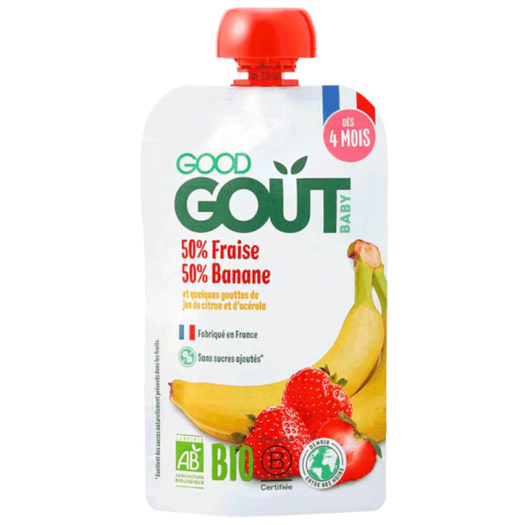 Piure Bio de capsuni si banane, +4 luni, 120 g, Good Gout