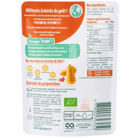 Mancare Bio de dovleac cu miel, +6 luni, 190 g, Good Gout 535010