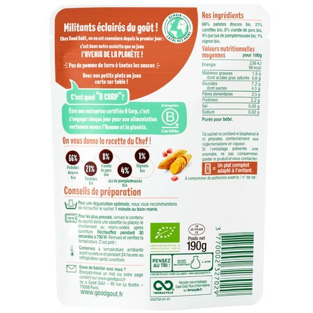 Mancare Bio de cartofi dulci cu carne de porc, +6 luni, 190 g, Good Gout 535006