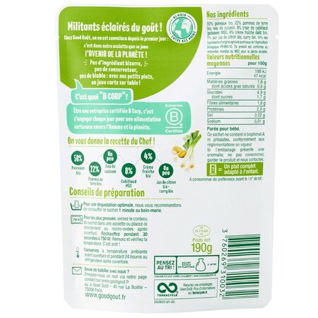 Mancare Bio Fondue de cod cu praz si cartofi, +6 luni, 190 g, Good Gout 535000