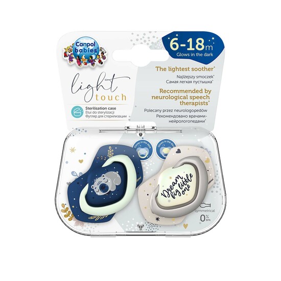 Suzeta simetrica din silicon Sleepy Koala, 6-18 luni, Blue, 2 bucati, Canpol Babies 504379