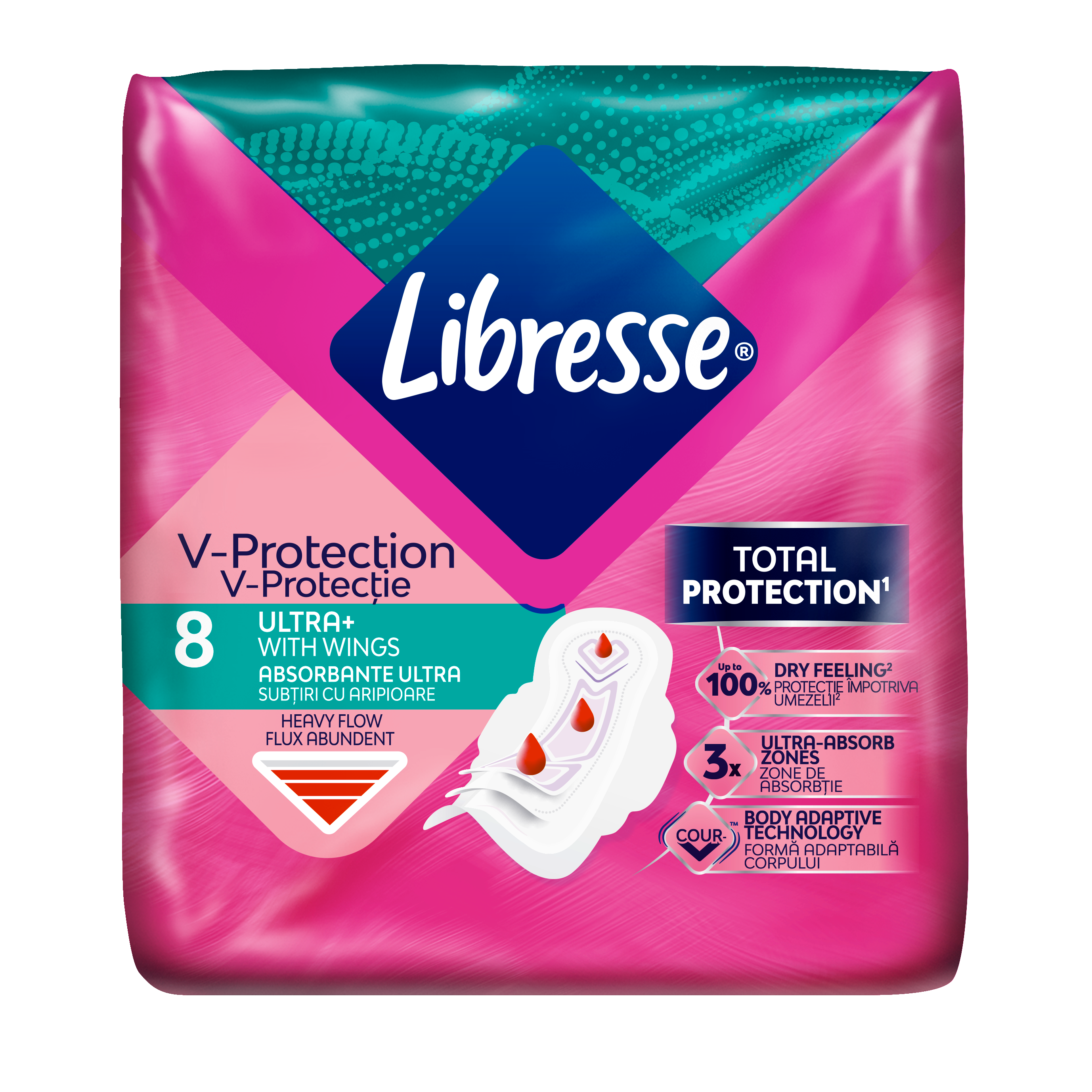 Absorbantele cu aripioare V-Protection Ultra+, Long, 8 bucati, Libresse