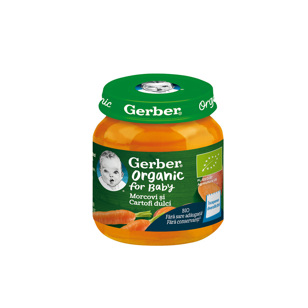 Piure bio din morcovi si cartofi dulci, 125 g, Gerber