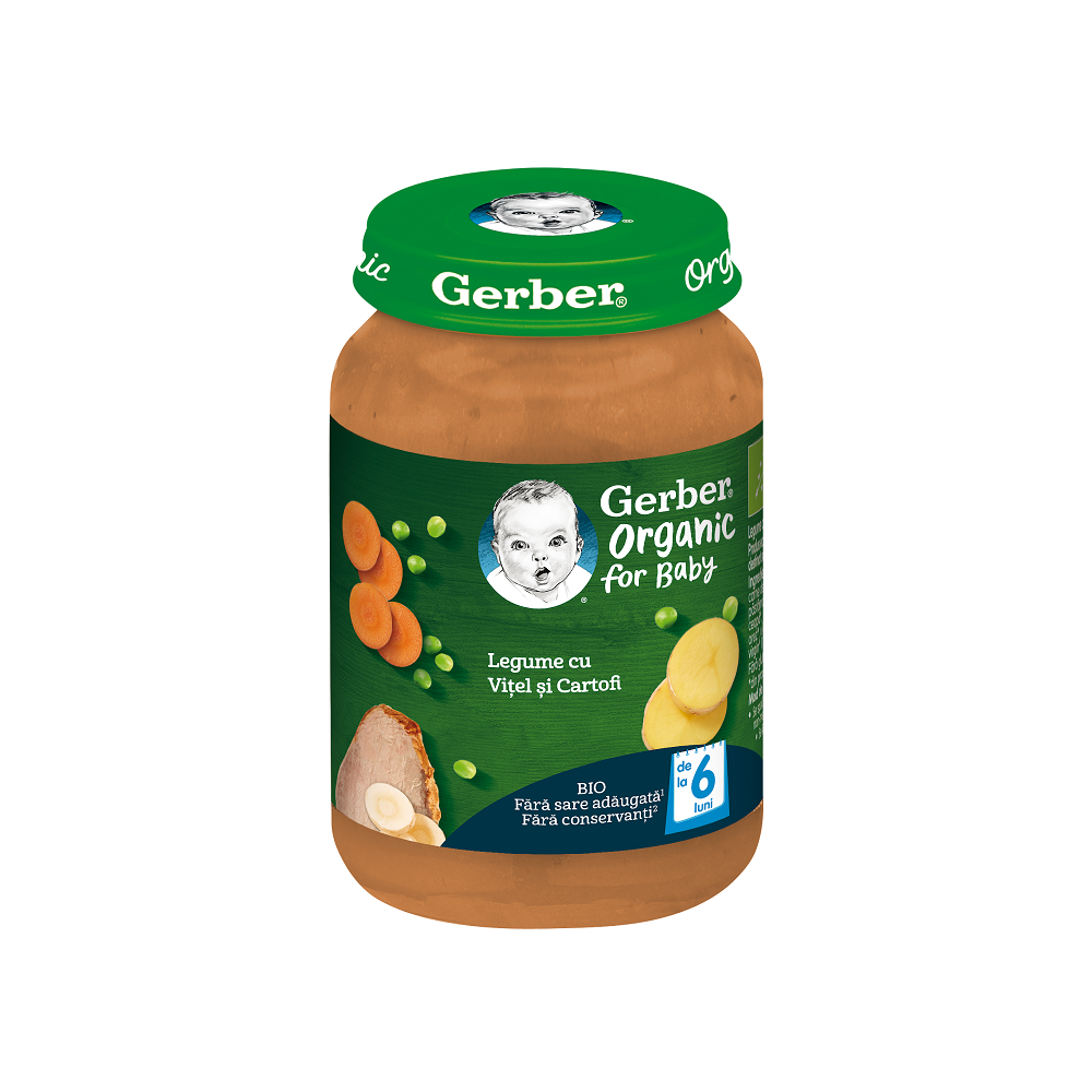 Piure bio din legume cu vitel si cartofi, +6 luni, 190 g, Gerber