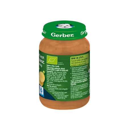 Piure bio din legume cu vitel si cartofi, +6 luni, 190 g, Gerber 505527