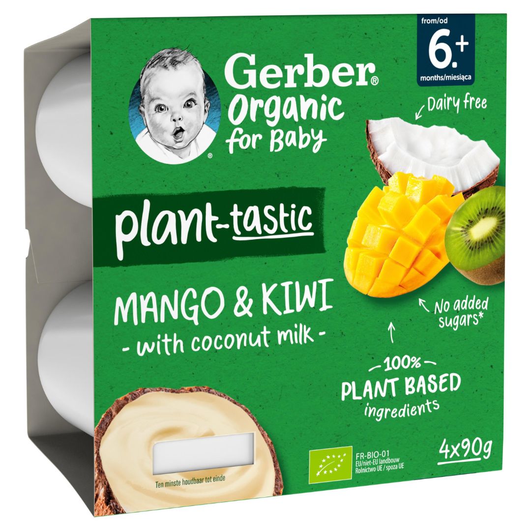 Desert bio din mango, kiwi si cocos, +6 luni, 4x90 g, Gerber