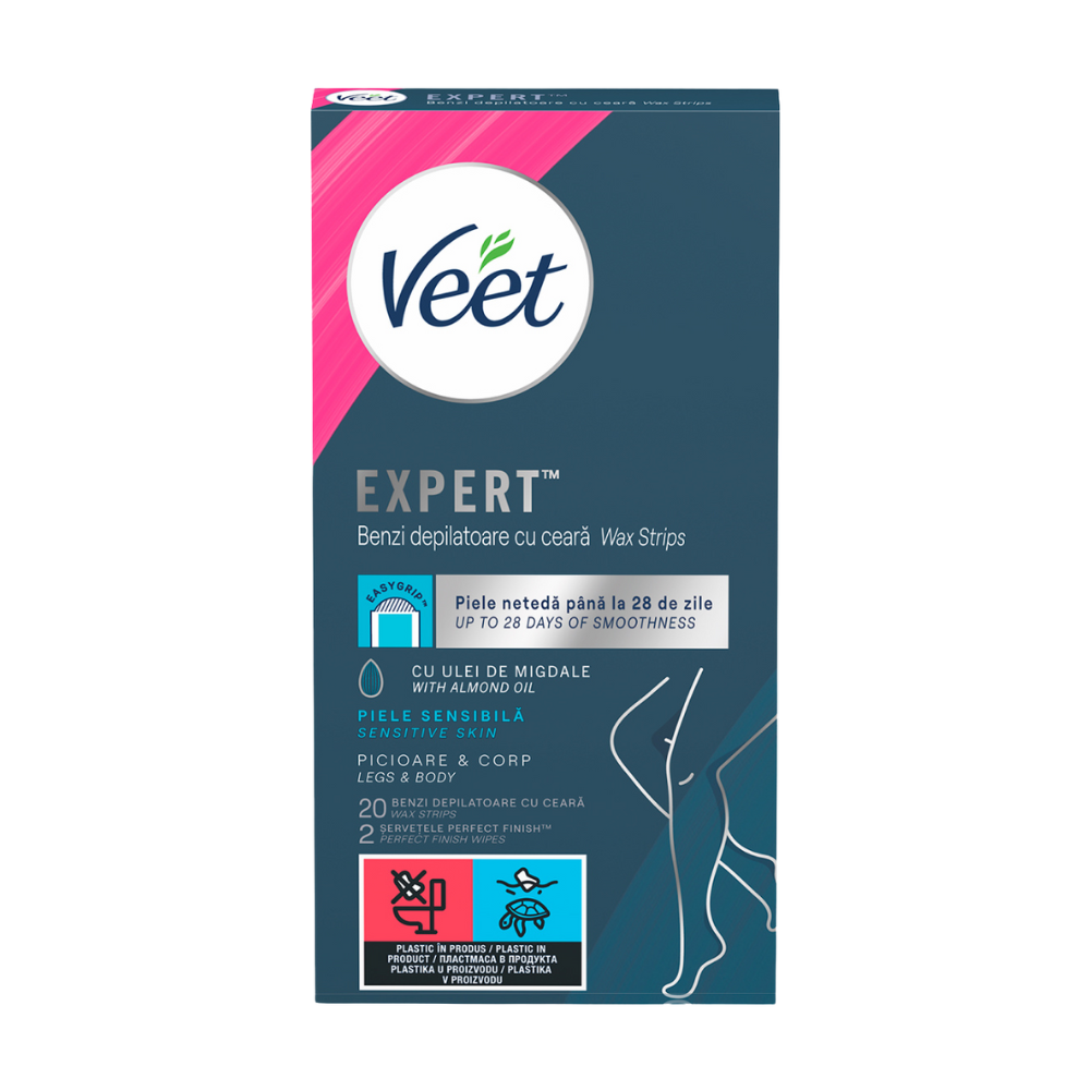 Benzi de ceara depilatoare pentru piele sensibila Expert, 20 benzi, Veet