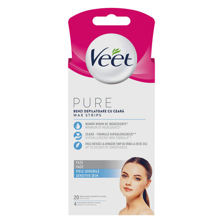 Benzi depilatoare cu ceara pentru fata Pure, 20 benzi, Veet 505624