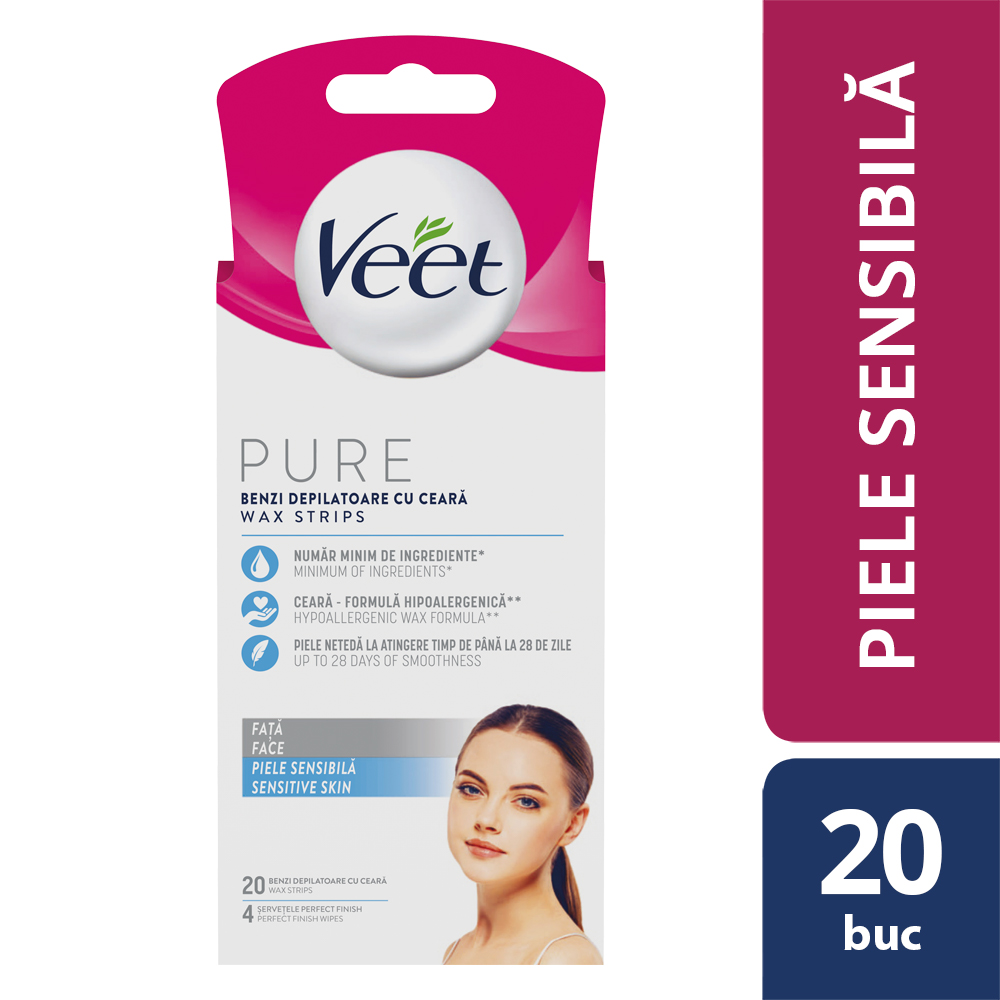 Benzi depilatoare cu ceara pentru fata Pure, 20 benzi, Veet