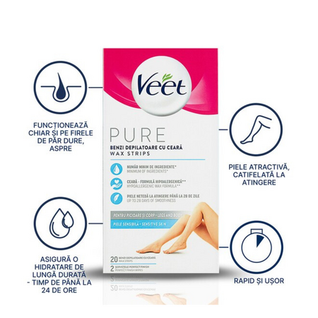 Benzi depilatoare cu ceara pentru pielea sensibila Pure, 20 benzi, Veet 600557
