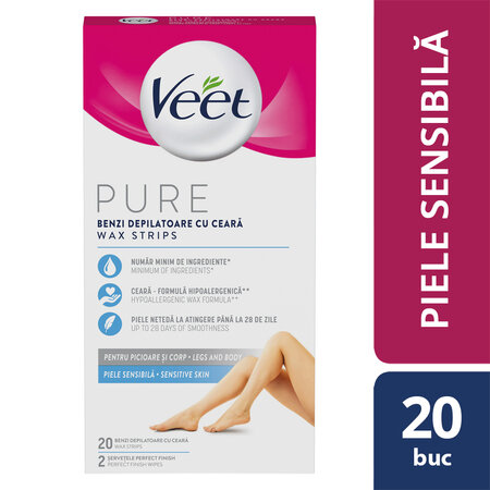 Benzi depilatoare cu ceara pentru pielea sensibila Pure, 20 benzi, Veet 505628