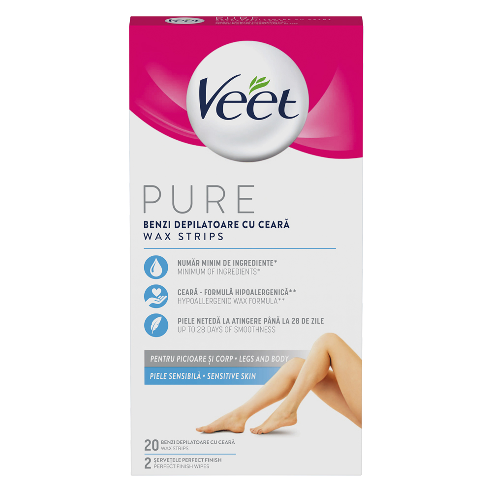 Benzi depilatoare cu ceara pentru pielea sensibila Pure, 20 benzi, Veet