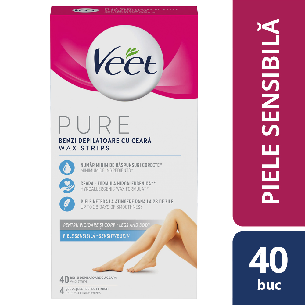 Benzi depilatoare cu ceara pentru pielea sensibila Pure, 40 benzi, Veet