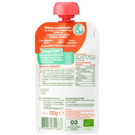 Piure Bio de piersici si pere, +4 luni, 120 g, Good Gout 535036