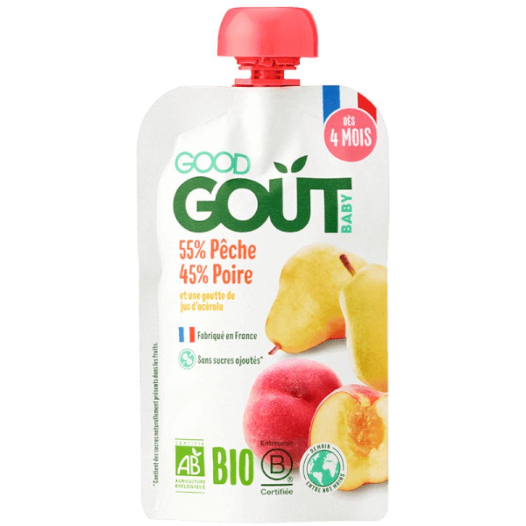 Piure Bio de piersici si pere, +4 luni, 120 g, Good Gout