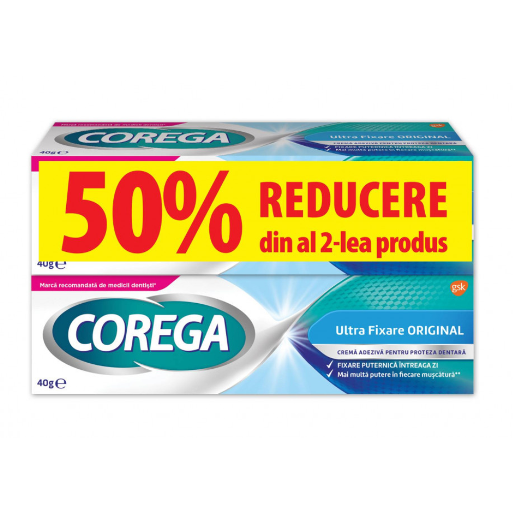 Pachet Crema adeziva pentru proteza dentara Ultra Fixare Original, 2x40 gr, Corega