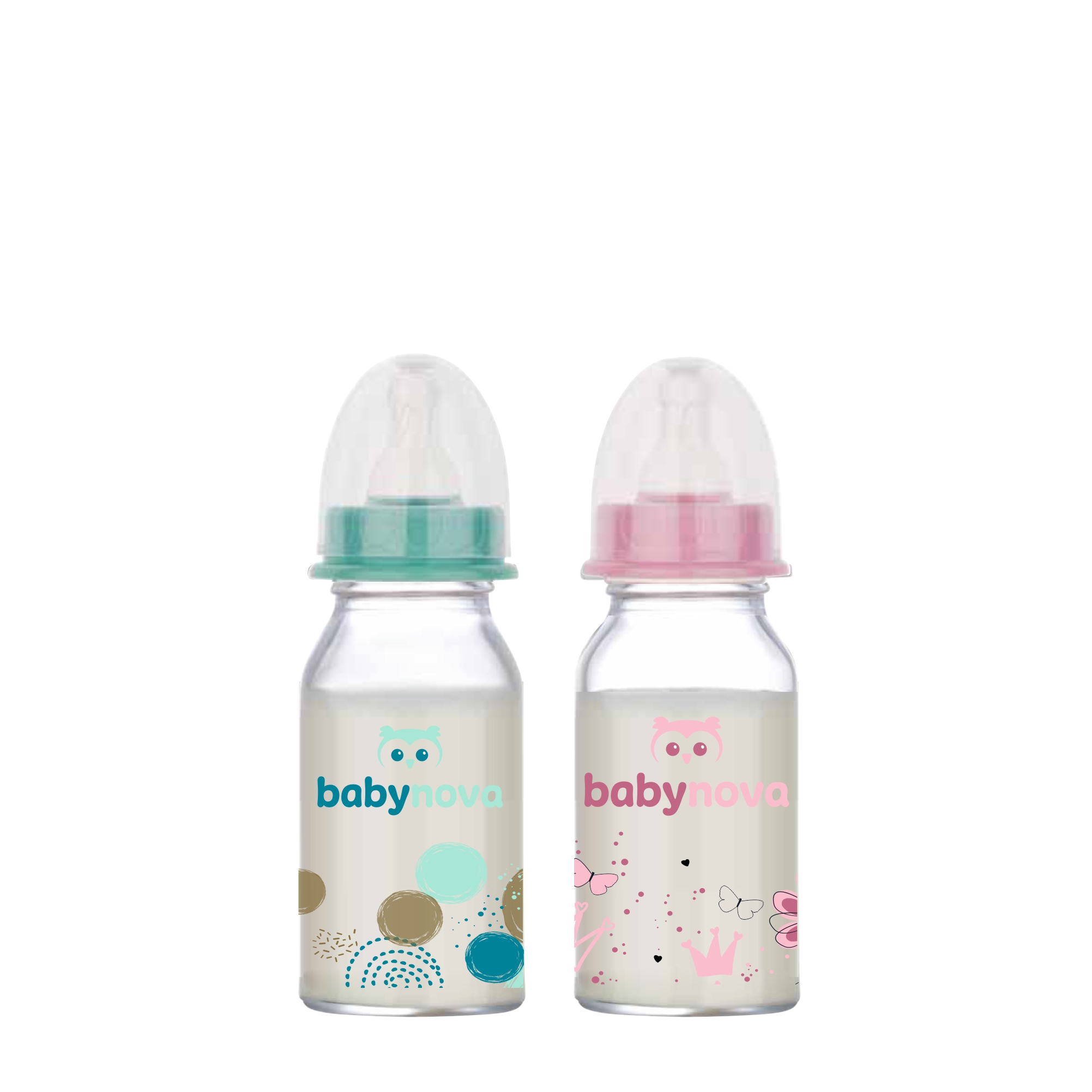 Biberon din sticla decorat, 0-24 luni, 120 ml, BabyNova