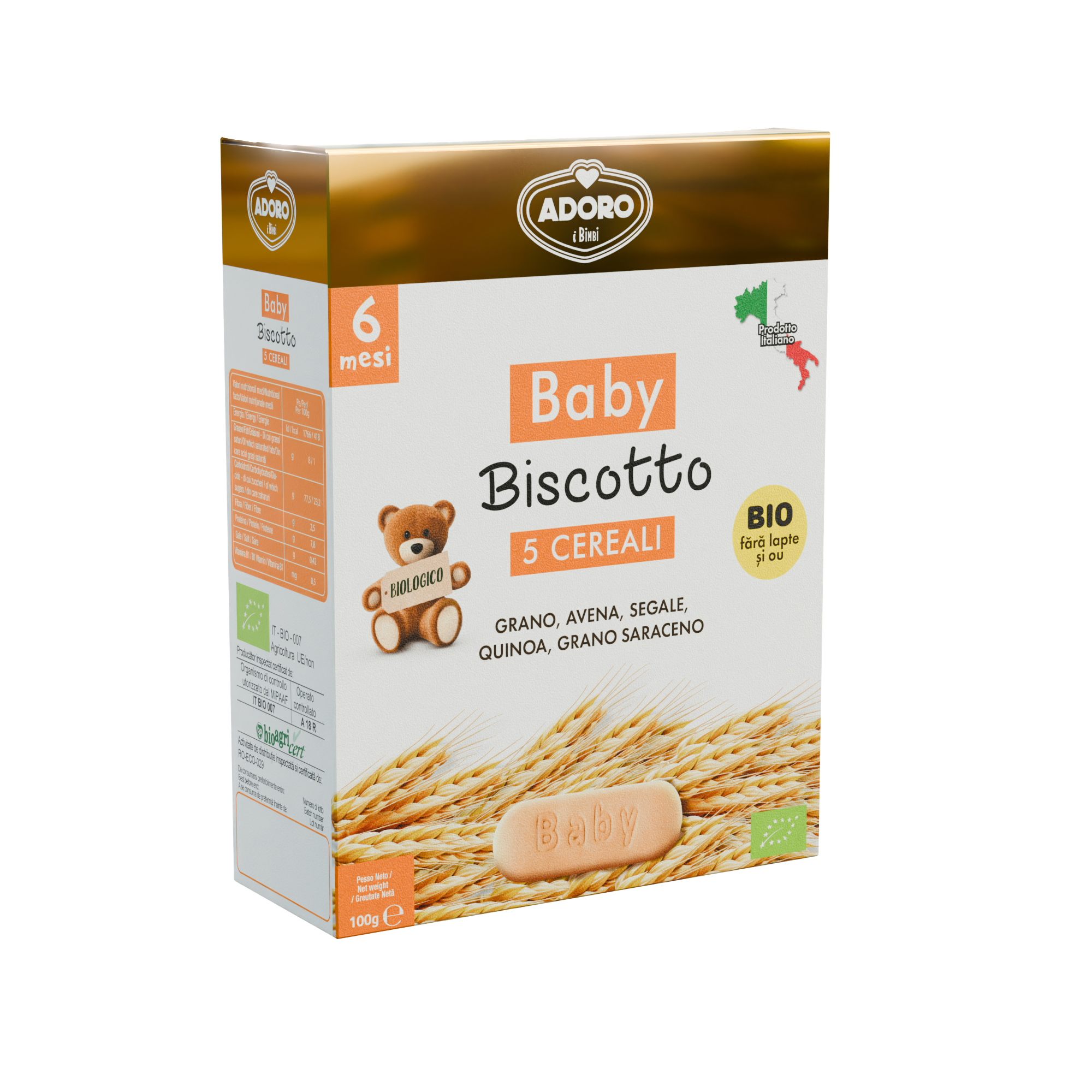 Biscuiti Bio pentru bebelusi 5 cereale, 100 gr, 6 luni+, 100 g, Adoro Bimbi