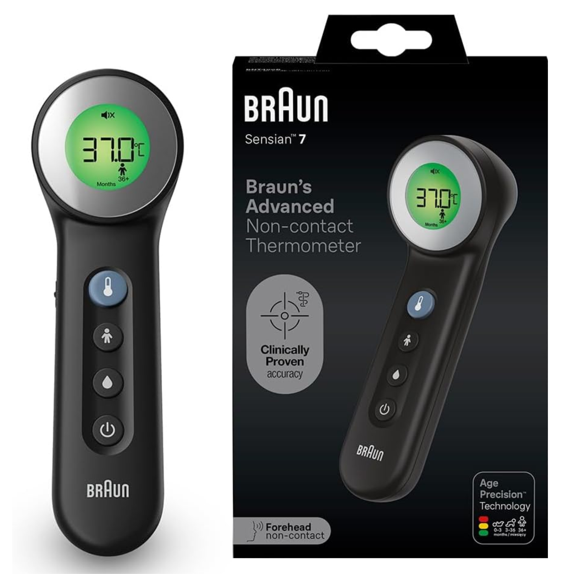 Termometru fara contact si cu contact Age Precision Black Edition, BNT400B, Braun