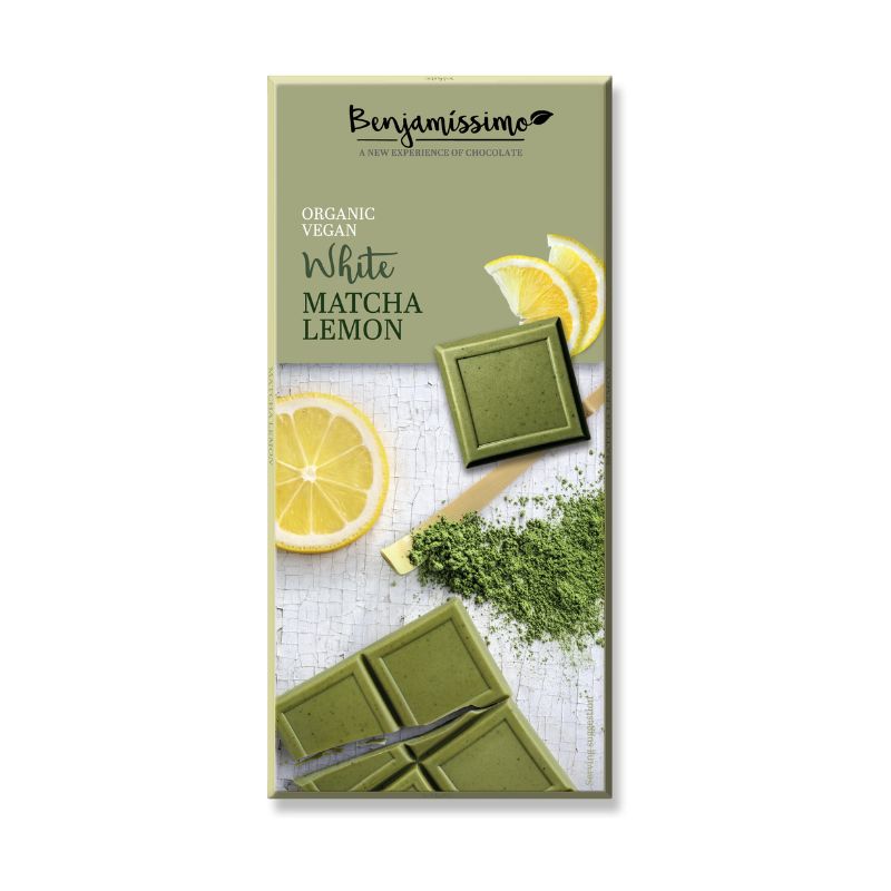 Ciocolata Bio alba cu matcha si lamaie, 70 g, Benjamissimo