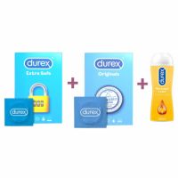 Pachet prezervative Extra Safe 18 buc + Prezervative Originals 18 buc si  Lubrifiant Massage 200 ml, Durex