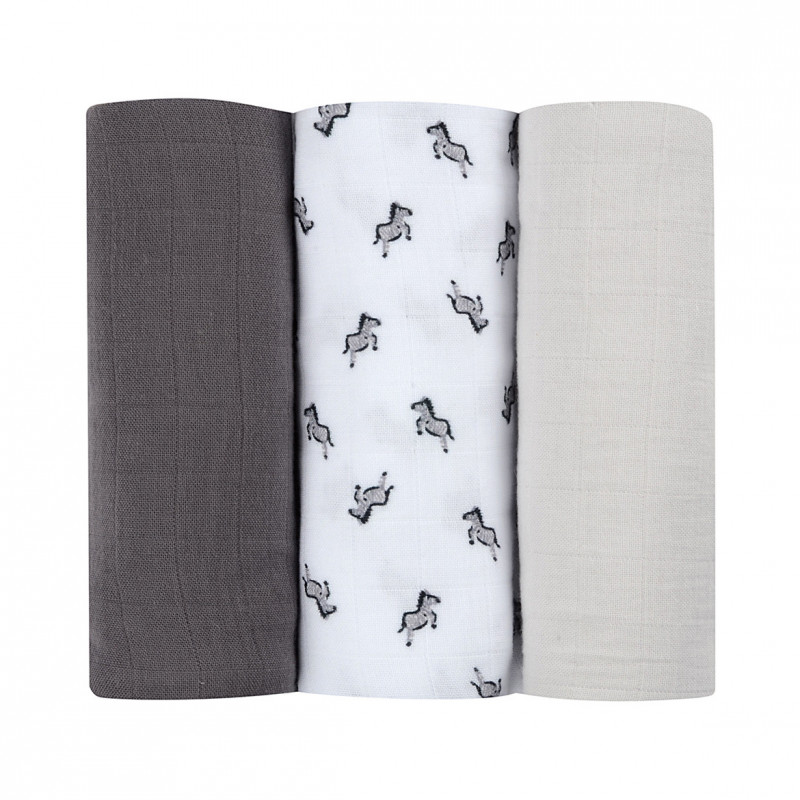 Set 3 museline din bumbac organic, 70 x 70cm, Savana Grey, Beaba