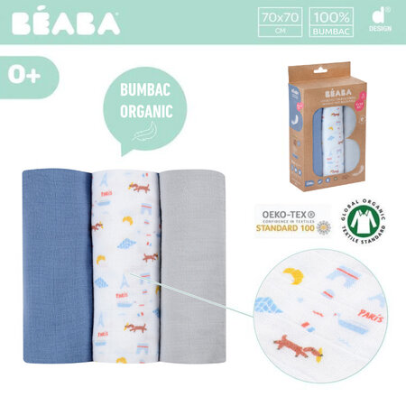 Set 3 museline din bumbac organic, 70 x 70cm, Paris Blue, Beaba 508306