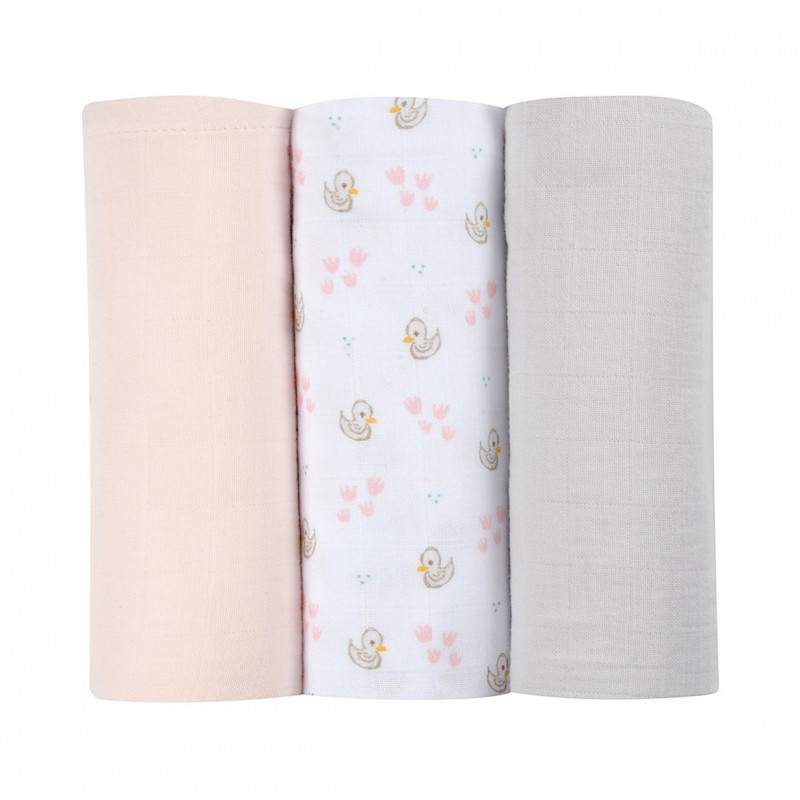 Set 3 museline din bumbac organic, 70 x 70cm, Swan Pink, Beaba