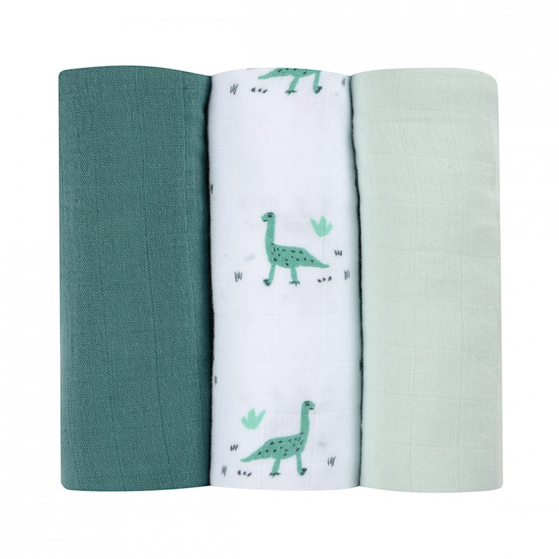 Set 3 museline din bumbac organic, 70 x 70cm, Jurassic Green, Beaba