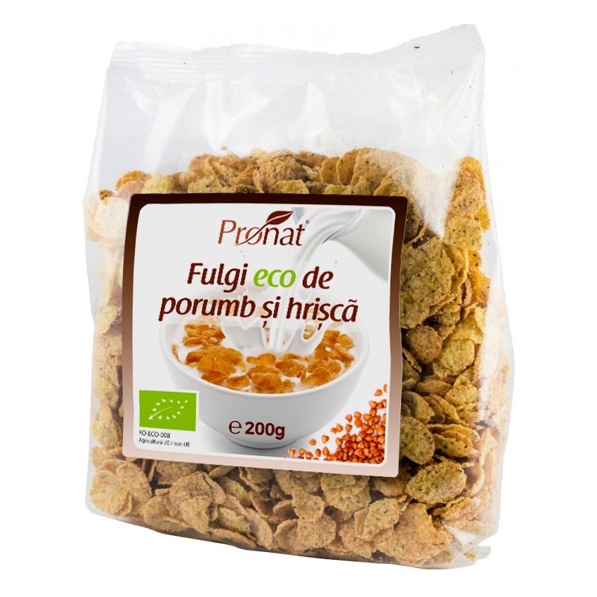 Fulgi Bio de porumb si hrisca, 200 g, Pronat