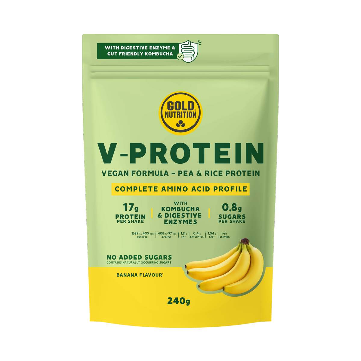 Pudra Proteica vegetala cu aroma de banane V-Protein, 240 g, Gold Nutrition