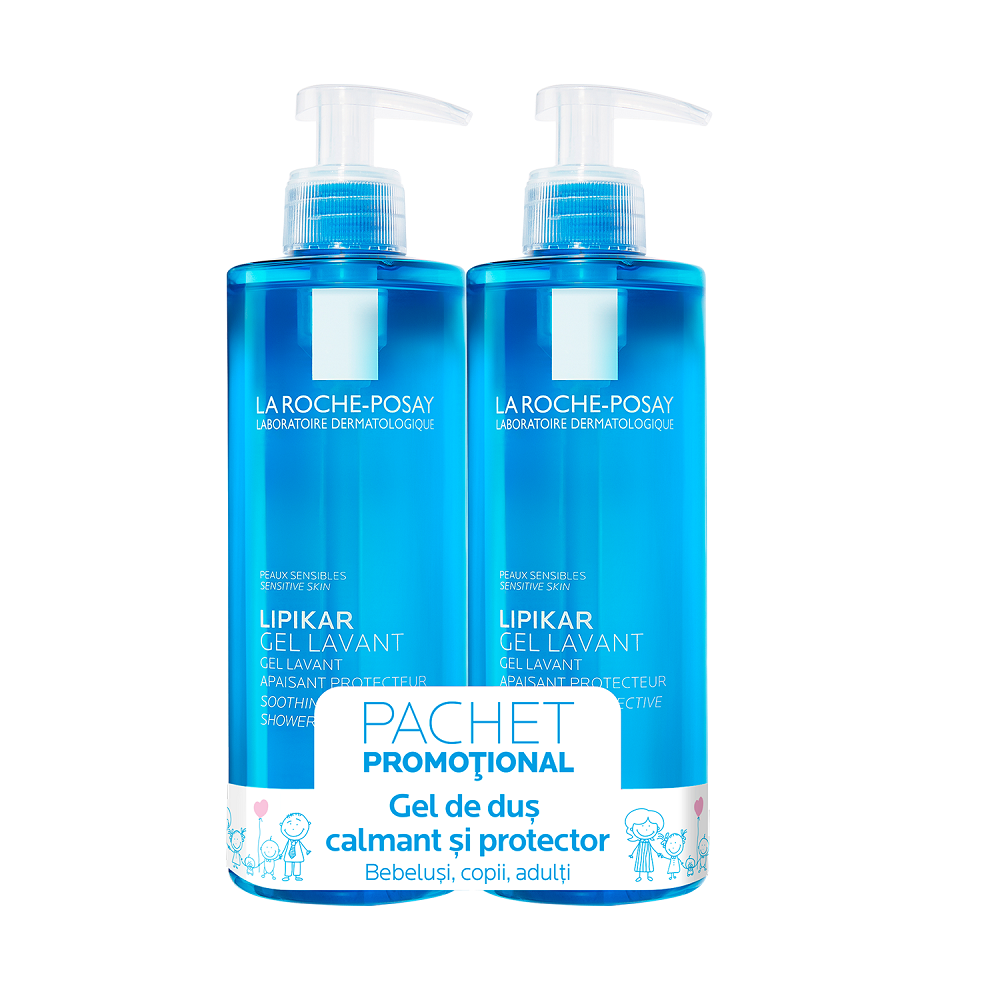 Pachet gel de spalare pentru piele sensibila Lipikar, 400 ml + 400 ml, La Roche Posay