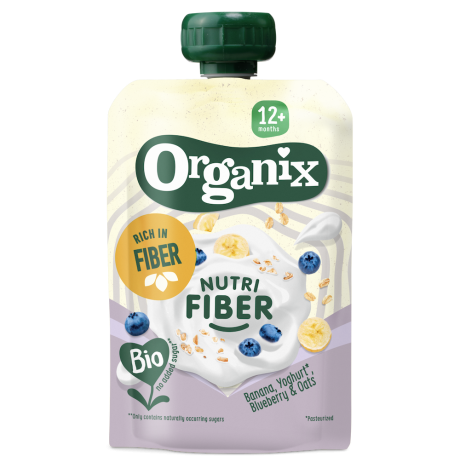 Piure bio din banana, iaurt, afine si ovaz Nutri Fiber, +12 luni, 100 g, Organix