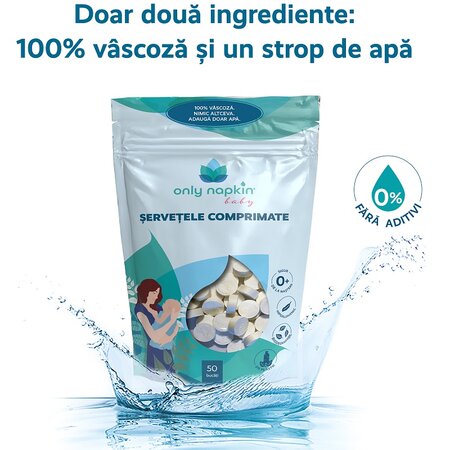 Servetele umede comprimate biodegradabile, 50 bucati, Only Napkin Baby 514265