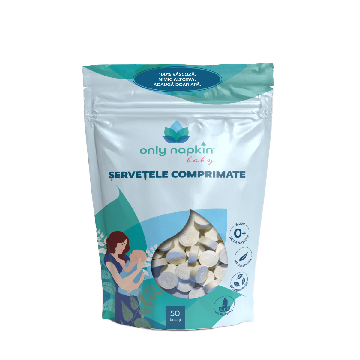 Servetele umede comprimate biodegradabile, 50 buc, Only Napkin Baby