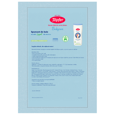 Spuma de baie cu ulei organic de masline pentru bebelusi Babycare, 200 ml, Topfer 494914