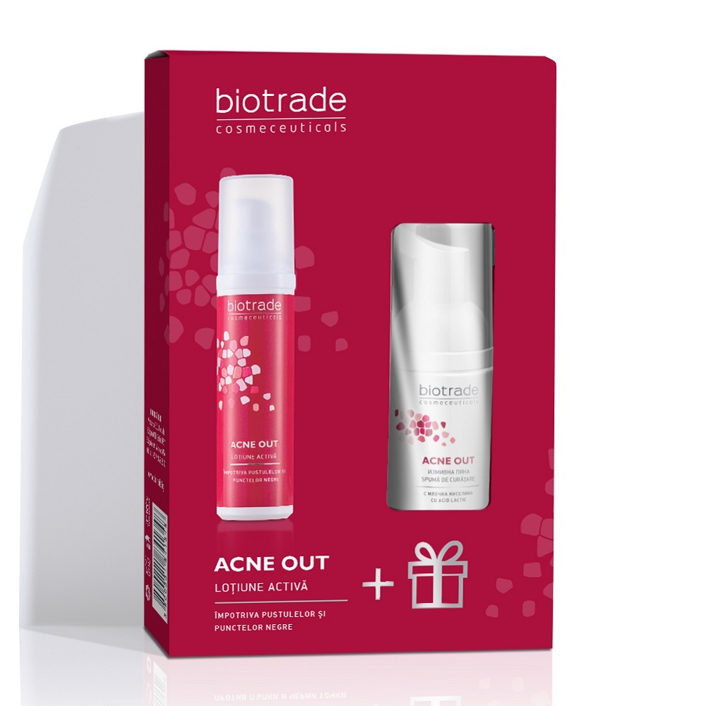 Pachet Acne Out Lotiune activa pentru ten acneic + Spuma de curatare pentru ten acneic, 60 ml+ 20 ml, Biotrade