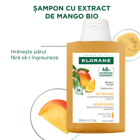 Sampon cu extract de mango pentru par uscat-deshidratat, 200 ml, Klorane 723954