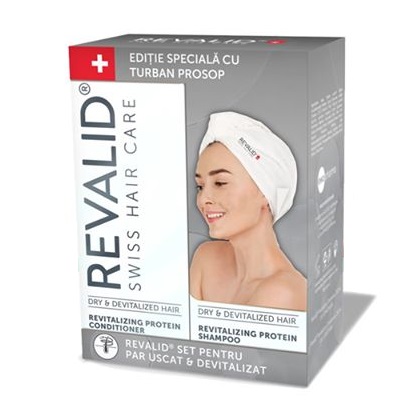 Pachet Sampon revitalizant cu proteine Revalid, 250 ml + Balsam revitalizant Revalid, 250 ml + Turban prosop, Ewopharma