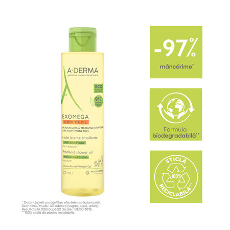 Ulei de dus emolient piele uscata cu tendinta atopica Exomega Control, 200 ml, A-Derma 646614