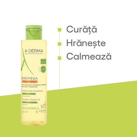 Ulei de dus emolient piele uscata cu tendinta atopica Exomega Control, 200 ml, A-Derma 646617