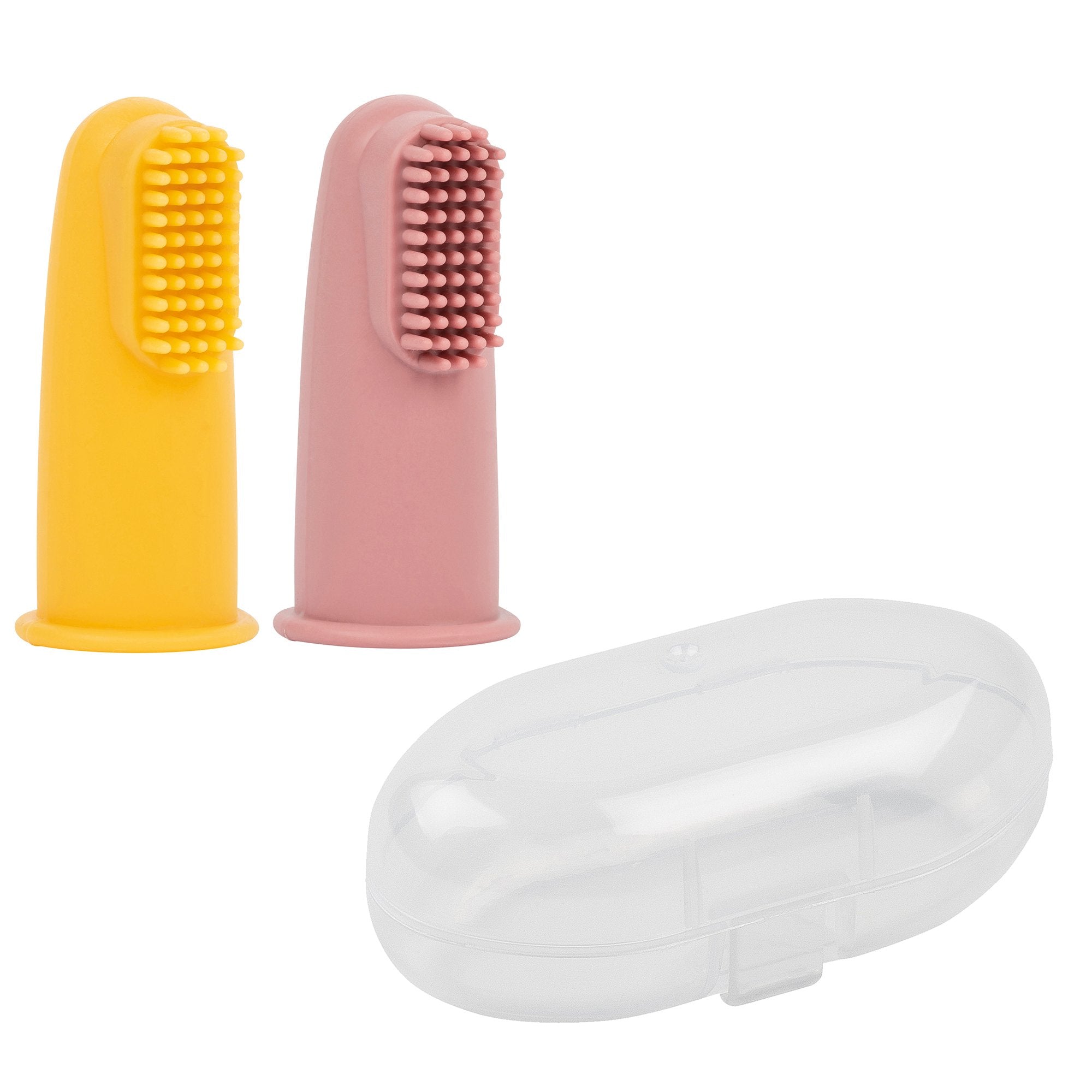 Set 2 degetare din silicon si cutie de protectie, 6 luni+, galben si roz, Nattou