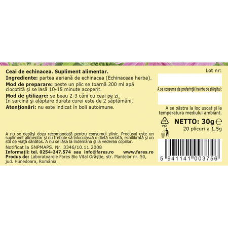 Ceai de echinacea, 20 plicuri, Fares 720745