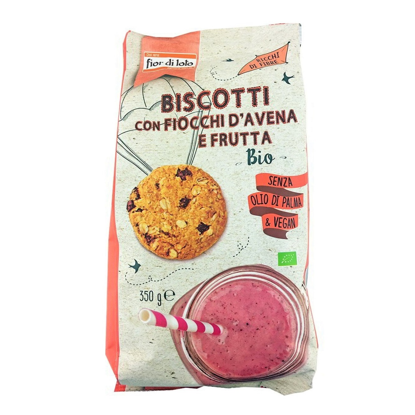 Biscuiti bio cu fulgi de ovaz si fructe, 350 g, Fior di Loto